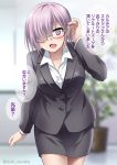  1girl alternate_costume black_jacket blouse blurry blurry_background blush breasts cleavage collarbone eyebrows_visible_through_hair fate/grand_order fate_(series) glasses hair_over_one_eye hand_in_hair indoors itsuki_sayaka jacket large_breasts long_sleeves looking_at_viewer mash_kyrielight office office_lady open_blouse open_clothes open_mouth pencil_skirt pink_hair skirt solo translation_request twitter_username upper_body violet_eyes white_blouse 