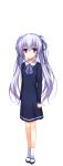  1girl absurdres bangs dress eyebrows_visible_through_hair full_body highres lavender_hair looking_at_viewer reminiscence reminiscence_re:collect ribbon shimazu_aki shoes smile socks solo standing tomose_shunsaku transparent_background twintails violet_eyes white_legwear 