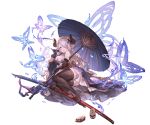  1girl animal_ears black_legwear blue_eyes braid butterfly elbow_gloves gloves granblue_fantasy hair_ornament hair_over_one_eye horns japanese_clothes long_hair looking_at_viewer lying minaba_hideo narumeia_(granblue_fantasy) obi official_art on_side pink_hair pinwheel pointy_ears sash single_braid smile sword thigh-highs transparent_background umbrella weapon zettai_ryouiki 