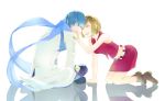  1boy 1girl belt blue_hair boots breasts brown_hair closed_eyes hand_on_another&#039;s_face kaito kariya_akane_(madder) looking_at_another meiko navel open_mouth reflection scarf short_hair sitting skirt smile vocaloid white_background 