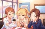  3girls artist_request bangs blonde_hair blunt_bangs blush book bow braid brown_hair cameo cellphone closed_eyes coffee eyelashes fangs houjou_karen idolmaster idolmaster_cinderella_girls idolmaster_cinderella_girls_starlight_stage jougasaki_mika jougasaki_rika kawashima_mizuki keychain long_hair looking_at_another low_twintails mechanical_pencil multiple_girls official_art open_mouth orange_hair pencil pencil_case phone plant school_uniform serafuku sitting smartphone smile sweater_vest table twintails two_side_up yellow_eyes 