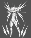  1girl android eyebrows_visible_through_hair full_body grey_background head_wings highres kuro_(kuroi-nanika) monochrome no_feet orange_eyes original robot_joints short_hair simple_background spot_color 