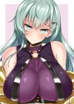  1girl aqua_eyes aqua_hair blush bodysuit breasts claw_(weapon) closed_mouth collar cosplay embarrassed eyebrows_visible_through_hair fate/extra fate/extra_ccc fate/grand_order fate_(series) hair_ornament hairclip highres huge_breasts impossible_clothes kantai_collection long_hair looking_at_viewer o-ring_top outside_border passion_lip passion_lip_(cosplay) purple_background sankakusui_(deltawhite) sketch sleeveless solo strap suzuya_(kantai_collection) wavy_mouth weapon white_border 