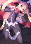  1girl bat_wings blazblue blonde_hair bow detached_sleeves dress gothic_lolita lolita_fashion long_hair low_wings lying ninopal on_back open_mouth rachel_alucard red_eyes ribbon solo twintails very_long_hair wings 