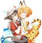  2girls ^_^ ^o^ animal_ears backpack bag black_gloves black_hair blonde_hair bow bowtie bucket_hat closed_eyes commentary_request cross-laced_clothes elbow_gloves fur_collar gloves hair_between_eyes hat hat_feather high-waist_skirt japari_symbol kaban kemono_friends lucky_beast_(kemono_friends) multiple_girls open_mouth pia_(botamochinjufu) red_shirt serval_(kemono_friends) serval_ears serval_print serval_tail shirt short_hair shorts skirt sleeveless sleeveless_shirt smile striped_tail tail wavy_hair 
