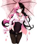 1girl absurdres belt black_gloves breasts brown_eyes brown_hair cleavage closed_mouth collarbone gloves hand_on_hip heterochromia highres jewelry leotard_under_clothes long_coat long_hair looking_at_viewer multicolored_hair necklace neo_(rwby) pants pink_eyes pink_hair rwby sheya shiny shiny_hair simple_background smile solo two-tone_hair umbrella white_background white_hair 