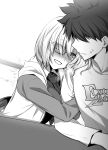  1boy 1girl :d absurdres blush breasts casual fate/grand_order fate_(series) fujimaru_ritsuka_(male) glasses greyscale highres hood hooded_jacket hug jacket monochrome necktie open_mouth shielder_(fate/grand_order) shirt short_hair smile sweatdrop t-shirt yamoge 