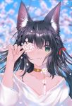  1girl :3 animal_ears bangs bare_shoulders black_hair bow cat_ears cat_girl cherry_blossoms choker closed_mouth collarbone duji_amo eyebrows_visible_through_hair flat_chest flower green_eyes hair_bow highres holding holding_flower long_hair long_sleeves looking_at_viewer off-shoulder_shirt off_shoulder one_eye_covered original petals red_bow shirt side_braids smile solo tassel upper_body white_shirt 
