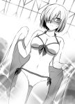  1girl absurdres bikini blush breasts cleavage fate/grand_order fate_(series) glasses gluteal_fold greyscale hair_over_one_eye highres monochrome navel shielder_(fate/grand_order) short_hair solo swimsuit towel yamoge 