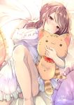 1girl bed_sheet blush breasts brown_eyes brown_hair chita_(ketchup) frilled_pillow frills looking_at_viewer lying medium_breasts on_back on_bed original parted_lips pillow sheet_grab signature solo stuffed_animal stuffed_cat stuffed_toy thighs twitter_username 