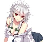  1girl aosaki_yukina bare_shoulders black_bra blue_skirt bow bra braid breasts cleavage collarbone green_bow hair_between_eyes hair_bow izayoi_sakuya looking_at_viewer maid_headdress off_shoulder puffy_short_sleeves puffy_sleeves red_eyes shirt short_sleeves silver_hair simple_background skirt smile solo strap_slip touhou twin_braids unbuttoned unbuttoned_shirt underwear white_background white_shirt 