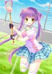  1girl blush fang fence field gloves grass highres lacrosse lacrosse_stick long_hair looking_at_viewer mizuse_ruka moe2017 open_mouth original plaid plaid_skirt purple_hair running short_sleeves skirt solo striped striped_legwear thigh-highs twintails yellow_eyes 