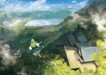  1girl architecture blue_sky clouds east_asian_architecture grass green_hair highres kaatoso kochiya_sanae lake landscape long_hair moriya_shrine nontraditional_miko outdoors scenery shrine sky solo touhou tree 