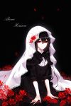  1girl absurdres akemi_homura black_background black_dress black_hair blood bloody_tears character_name closed_mouth dress flower funeral_dress hairband highres homulilly lips long_hair looking_at_viewer mahou_shoujo_madoka_magica mahou_shoujo_madoka_magica_movie red_eyes ribbon sheya shiny shiny_hair sitting solo spoilers text veil 