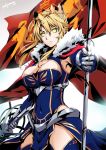  1girl armor armpits artist_name artoria_pendragon_lancer_(fate/grand_order) blonde_hair blue_gloves blue_legwear braid breasts cape cleavage closed_mouth covered_navel crown fate/grand_order fate_(series) flag french_braid fur gauntlets gloves glowing glowing_eyes green_eyes hair_between_eyes holding holding_weapon lance long_hair looking_at_viewer medium_breasts polearm red_cape saber sakiyamama simple_background solo thigh-highs thighs upper_body weapon white_background 