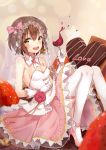 1girl alternate_costume breasts brown_eyes brown_hair cake chocolate chocolate_cake chocolate_heart cleavage cup dress drinking_glass food fruit gloves headset heart high_heels highres kantai_collection open_mouth ribbon short_hair small_breasts smile solo speaking_tube_headset strawberry thigh-highs veil white_gloves white_legwear wine_glass yuhuan yukikaze_(kantai_collection) 