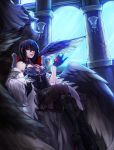  absurdres black_hair boots breasts choker dress dungeon_and_fighter female_priest_(dungeon_and_fighter) gloves highres legs_crossed looking_at_viewer mistress_(dungeon_and_fighter) short_hair thigh-highs thighs throne violet_eyes wings zlfnrk 