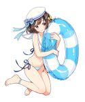  1girl absurdres ankle_strap bangs bare_shoulders barefoot bikini blue_ribbon blush bow braid breasts closed_mouth collarbone eyebrows_visible_through_hair fingernails front-tie_bikini front-tie_top full_body groin hair_bow hat hat_bow highres holding innertube medium_breasts morikura_en navel original ribbon sailor_bikini sailor_collar sailor_hat short_hair side-tie_bikini side_braid simple_background smile solo stomach striped striped_bikini_bottom striped_bow swimsuit toenails toes violet_eyes white_background white_hat yellow_bow 