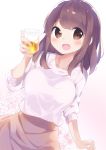  1girl bangs blush breasts brown_eyes brown_hair brown_skirt chikuwa. cup drinking_glass dutch_angle eyebrows_visible_through_hair floral_background hand_up holding holding_cup holding_glass large_breasts looking_at_viewer open_mouth original skirt sleeves_past_elbows smile solo sweater teeth upper_body white_sweater 