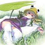  1girl bangs blonde_hair blue_eyes blush frog grass hair_ribbon hat highres leaf long_hair long_sleeves looking_at_viewer lying masao moriya_suwako on_back outdoors panties pantyshot pantyshot_(lying) ribbon skirt solo thigh-highs thighs touhou tress_ribbon underwear white_legwear white_panties wide_sleeves 