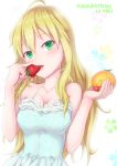  1girl ahoge blonde_hair blush breasts cherry cleavage eating english food fruit green_eyes happy_birthday highres hoshii_miki idolmaster long_hair looking_at_viewer medium_breasts open_mouth orange solo soujin spaghetti_strap strawberry upper_body 