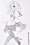  1girl arm_behind_head belt black_gloves gloves hanachan_(artist) high_heels kantai_collection kinugasa_(kantai_collection) knee_up legs long_hair looking_at_viewer monochrome one_eye_closed sketch smile solo thigh-highs thighs twitter_username 