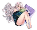  1girl bangs bare_legs barefoot blue_eyes blush bow closed_mouth eromanga_sensei eyebrows_visible_through_hair feet full_body hair_bow highres izumi_sagiri legs_together long_hair looking_at_viewer lying object_hug on_side pillow pink_bow shigi_0 silver_hair simple_background sitting solo stuffed_animal stuffed_octopus stuffed_toy thighs toes white_background 