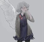  1girl black_legwear bow bowtie collared_dress covering_mouth cowboy_shot dress feathered_wings grey_hair grey_jacket hand_in_pocket hand_over_own_mouth kishin_sagume looking_to_the_side loose_bowtie motsuni_(artist) purple_dress red_bow red_bowtie red_eyes short_hair single_wing solo touhou white_wings wings 