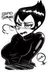  1girl artist_request ashi_(samurai_jack) blush bodysuit breasts english highres holding_arm medium_breasts monochrome samurai_jack short_hair solo spiky_hair tsundere 