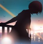  1girl arms_behind_back aya_(star) backlighting commentary leaning_forward lens_flare looking_down original profile railing rooftop short_hair silhouette sketch skirt solo sunset 