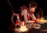  1girl alcohol bottle breasts brown_hair candle cleavage closed_eyes cup dark drinking_glass food karakoro light meiko shawl short_hair signature sitting sleeveless smile solo sparkle table vocaloid wine wine_bottle wine_glass 