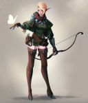  1girl armor arrow belt belt_pouch blonde_hair boots bow_(weapon) breasts brown_boots brown_gloves butterfly canister cape capelet commentary cross-laced_footwear dress elf eyelashes fang fingerless_gloves full_body garter_straps gloves green_cape green_dress high_heel_boots high_heels holding holding_bow_(weapon) holding_weapon kyung_han_kim lace-up_boots legs_apart lips long_sleeves medium_breasts microdress nose original parted_lips pink_lips pointy_ears puffy_long_sleeves puffy_sleeves quiver red_scarf revision scarf sheath sheathed short_hair sidelocks single_pauldron slit_pupils smile solo standing sword teeth vambraces weapon 