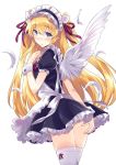  1girl ange_vierge ass_grab blonde_hair blue_eyes blush cowboy_shot feathered_wings feathers grabbing_own_ass highres long_hair maid_headdress official_art remy_(ange_vierge) short_sleeves simple_background solo thigh-highs two_side_up white_background white_legwear white_wings wings wrist_cuffs 