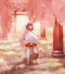  1girl cherry_blossoms fire_emblem fire_emblem_if floral_background forest holding lijupy looking_at_viewer nature petals pink_hair sakura_(fire_emblem_if) sandals staff torii tree walking 