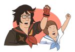  2boys bobby_hill brown_hair clenched_hand cosplay crossover glasses gloves hank_hill highres kill_la_kill king_of_the_hill mankanshoku_mako mankanshoku_mako_(cosplay) matoi_ryuuko matoi_ryuuko_(cosplay) multicolored_hair multiple_boys raised_fist school_uniform senketsu serafuku single_glove two-tone_hair ultrahurtman upper_body 