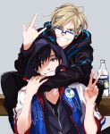  2boys \m/ bench bespectacled black_hair blonde_hair blue-framed_eyewear bottle brown_eyes cosplay costume_switch en_(enxxx) glasses green_eyes grin hair_ornament hairclip hood hoodie hug hug_from_behind jacket katsuki_yuuri male_focus multiple_boys one_eye_closed sitting smile track_jacket v yuri!!!_on_ice yuri_plisetsky 