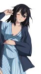  1girl black_hair bow breasts brown_eyes cleavage collarbone from_above hair_bow himeragi_yukina japanese_clothes kimono long_hair lying on_back one_eye_closed parted_lips shiny shiny_skin small_breasts solo strike_the_blood striped striped_kimono transparent_background yukata 