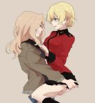  2girls ass_grab blonde_hair blush bomber_jacket carrying closed_eyes darjeeling denim denim_shorts girls_und_panzer hand_on_ass jacket kay_(girls_und_panzer) long_hair multiple_girls ree_(re-19) saunders_military_uniform short_hair shorts sketch skirt st._gloriana&#039;s_military_uniform sweatdrop tan_background thighs yuri 