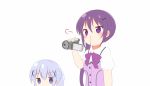  2girls =3 alternate_hairstyle arms_at_sides bangs blood blue_eyes blue_hair blush camcorder eyebrows_visible_through_hair gochuumon_wa_usagi_desu_ka? hair_between_eyes hair_ornament hairclip holding jitome kafuu_chino long_hair multiple_girls nagomi_yayado nosebleed ponytail puffy_short_sleeves puffy_sleeves purple_hair recording short_sleeves side_ponytail tedeza_rize violet_eyes 