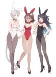  3girls :d alternate_costume amagi_(kantai_collection) animal_ears artist_name asymmetrical_hair bare_shoulders black_hair black_legwear blush bow bowtie braid breasts brown_eyes brown_hair bunnysuit choker cleavage closed_eyes collarbone commentary fig_(lchijiku) flower flying_sweatdrops full-face_blush full_body gradient_hair hair_between_eyes hair_flower hair_ornament highres kantai_collection katsuragi_(kantai_collection) large_breasts long_hair looking_at_viewer mole mole_under_eye multicolored_hair multiple_girls open_mouth ponytail rabbit_ears silver_hair simple_background single_braid small_breasts smile sweatdrop unryuu_(kantai_collection) very_long_hair wavy_hair white_background 