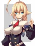  1girl ahoge blazblue blazblue:_central_fiction blonde_hair blue_eyes braid breasts es_(xblaze) frown highres large_breasts long_hair looking_to_the_side necktie no_bra puffy_nipples single_braid slit_pupils solo takanashi-a wide_sleeves xblaze 