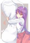  1girl ;/ animal_ears bei_mochi blush closed_mouth commentary cowboy_shot from_side hair_between_eyes long_hair long_sleeves pillow pillow_hug purple_hair rabbit_ears red_eyes red_skirt reisen_udongein_inaba shirt skirt solo touhou very_long_hair white_shirt 