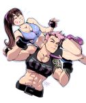  2girls abs bike_shorts breasts brown_hair clothes_writing commentary d.va_(overwatch) fingerless_gloves gloves grin hairband highres lifting_person long_hair medium_breasts midriff mike_nesbitt multiple_girls muscle muscular_female nail_polish overwatch parody pink_hair pink_nails scar shoes short_hair smile sneakers sports_bra terminator_2:_judgement_day very_short_hair whisker_markings zarya_(overwatch) 