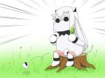  (o)_(o) bottle collar comic commentary_request dropping eating flower food food_on_legs grass holding holding_bottle holding_food horns kantai_collection long_hair mittens moomin muppo northern_ocean_hime onigiri sazanami_konami sitting solo tail tree_stump white_background white_hair wrappings 