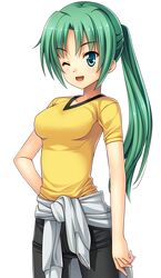  1girl :d black_pants breasts clothes_around_waist collarbone cowboy_shot eyebrows_visible_through_hair green_eyes green_hair hand_on_hip higurashi_no_naku_koro_ni jacket_around_waist long_hair medium_breasts one_eye_closed open_mouth pants ponytail rato shiny shiny_skin shirt short_sleeves smile solo sonozaki_shion standing transparent_background yellow_shirt 