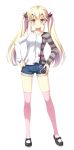  1girl absurdres blonde_hair blush full_body hair_ornament hairclip hands_on_hips highres long_hair long_sleeves looking_at_viewer over-kneehighs pink_legwear shorts smile solo thigh-highs transparent_background twintails yellow_eyes 