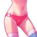  1girl animal_print bunny_print cowboy_shot d.va_(overwatch) navel overwatch panties pink_panties simple_background solo temproar thigh-highs underwear underwear_only waist_down white_background 