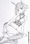  1girl arm_support ass black_legwear collar gloves hanachan_(artist) head_tilt high_heels kantai_collection kneehighs legs looking_at_viewer miniskirt monochrome mutsu_(kantai_collection) navel rudder_shoes short_hair sitting sketch skirt solo spiked_hairband thighs twitter_username white_gloves 