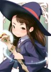  1girl alternate_eye_color asymmetrical_bangs bangs blush brown_eyes brown_hair closed_mouth hat hideousbeing holding kagari_atsuko little_witch_academia long_hair long_sleeves looking_at_viewer shirt smile solo sparkle staff wand white_shirt wide_sleeves wing_collar witch_hat 