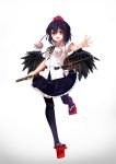  1girl :d absurdres bird_wings black_hair black_legwear black_ribbon black_skirt black_wings collared_shirt feathered_wings frilled_skirt frills full_body geta hat highres looking_at_viewer neck_ribbon open_mouth outstretched_arm pom_pom_(clothes) red_eyes red_hat ribbon running scabbard shameimaru_aya sheath sheathed shirt short_hair short_sleeves simple_background skirt smile solo sword tengu-geta thigh-highs tokin_hat touhou weapon white_background white_shirt wings yusake_san 